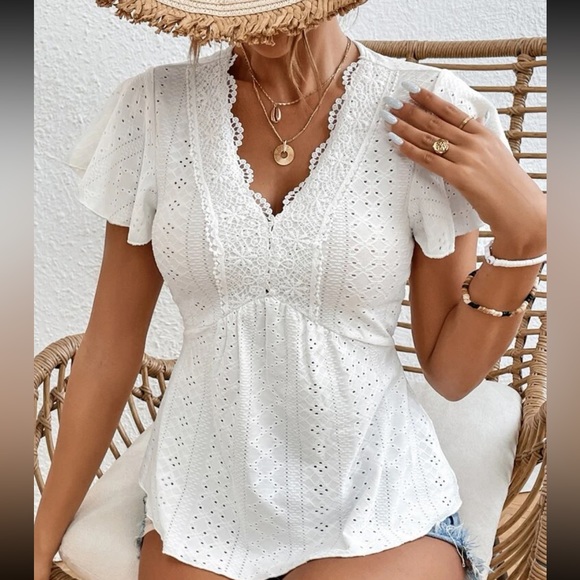 Boho White Eyelet Embroidery Mesh Lace Peplum Top Blouse Shirt - Picture 3 of 7